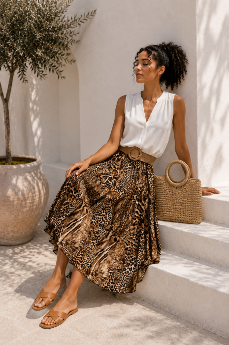 Fusta midi bej plisata cu animal print [4]