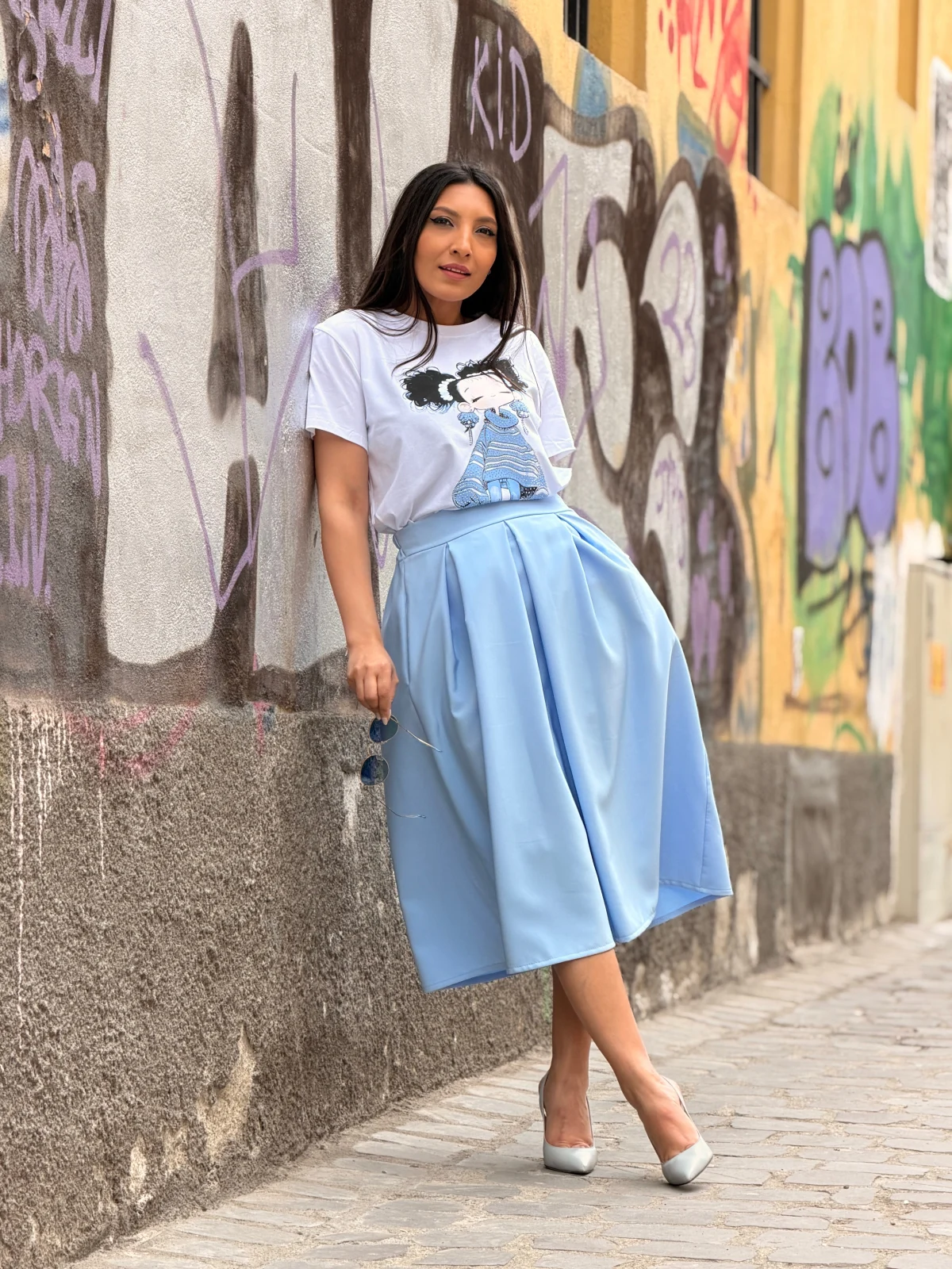 Fusta midi bleu cu pliuri si buzunare [7]