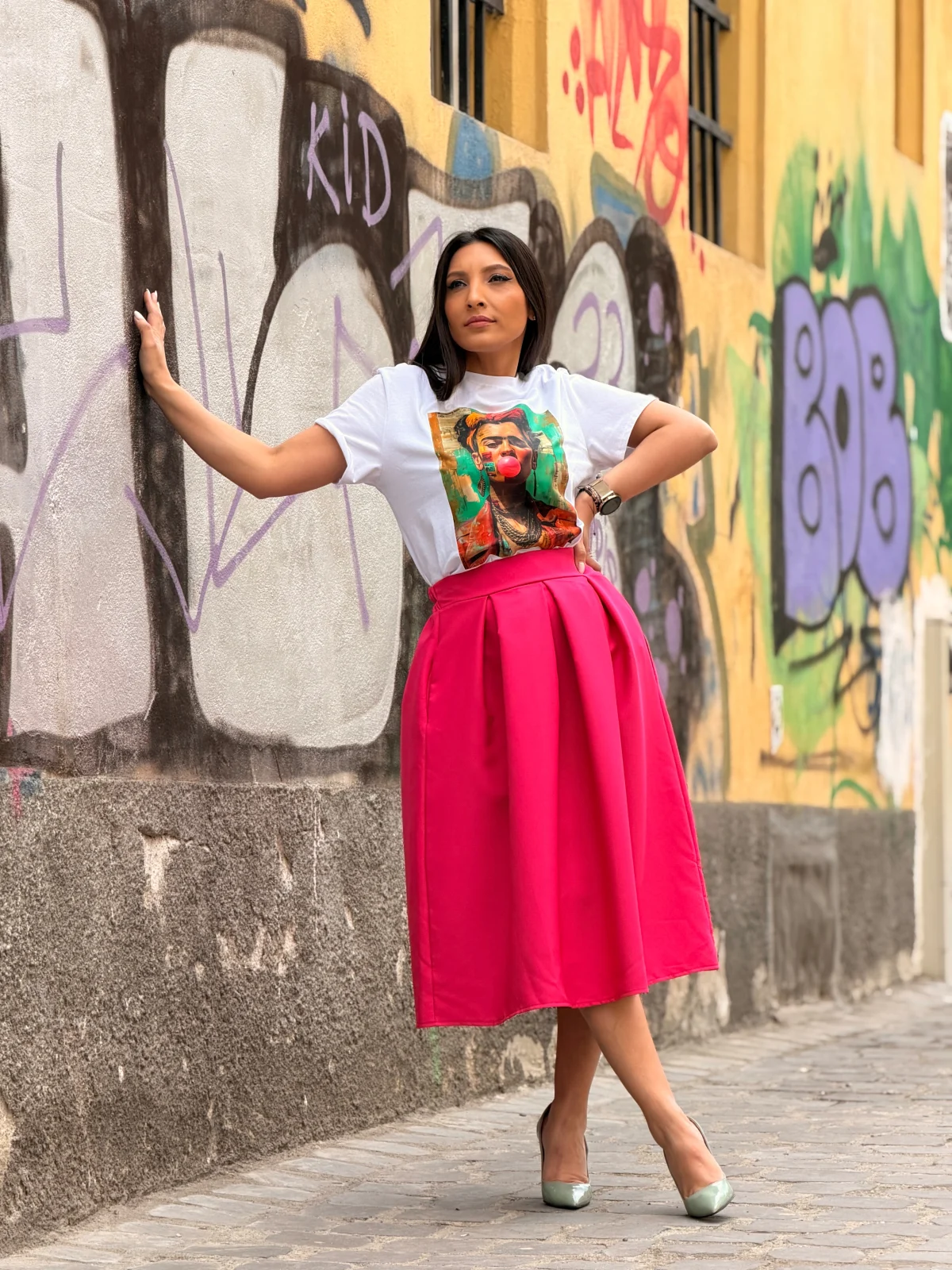 Fusta midi fuxia cu pliuri si buzunare [6]