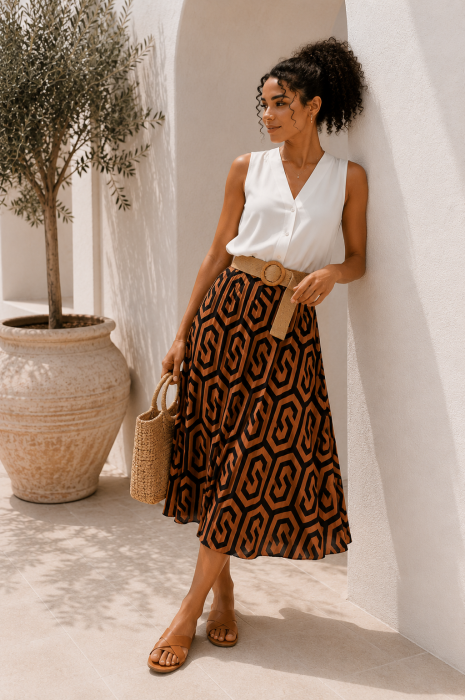 Fusta midi maro cu imprimeu geometric negru [2]