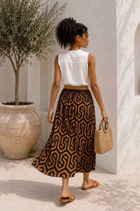Fusta midi maro cu imprimeu geometric negru [4]