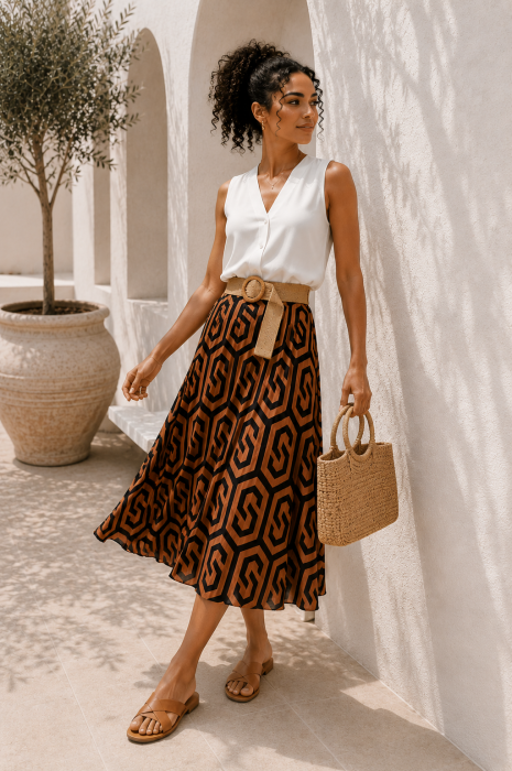Fusta midi maro cu imprimeu geometric negru [3]