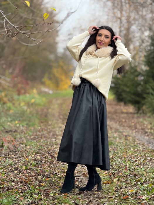 Fusta neagra midi din piele cu curea in talie