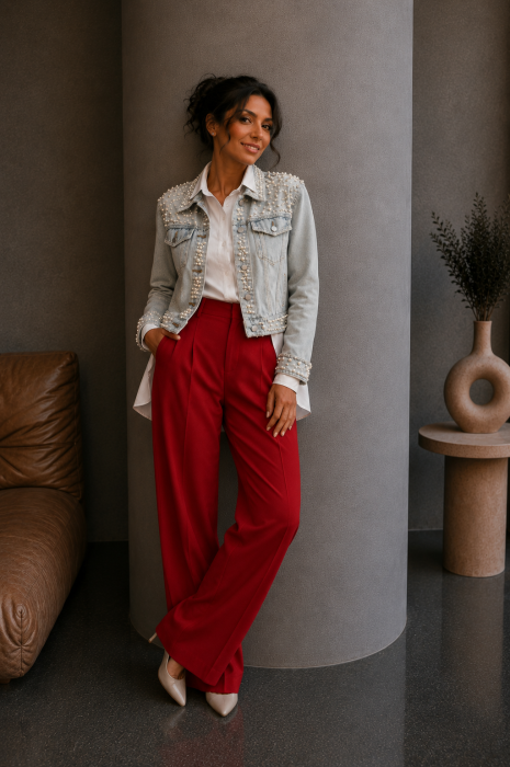 Geaca dama din denim vintage cu perlute aplicate [3]