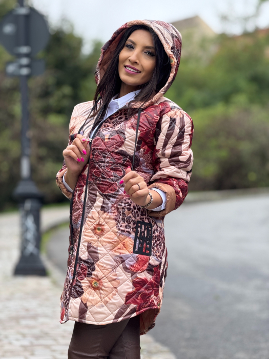 Geaca dama lunga bej cu imprimeu floral [5]