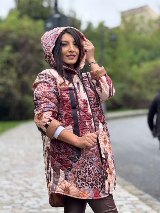 Geaca dama lunga bej cu imprimeu floral [2]