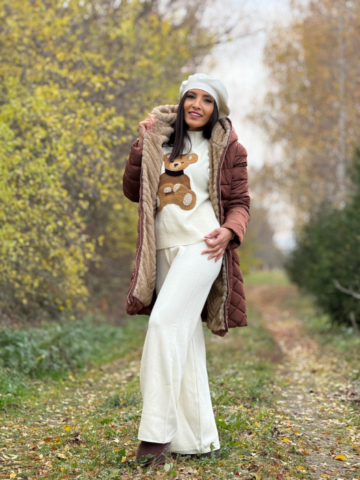 Geaca dama lunga maro cu blanita la gluga [7]