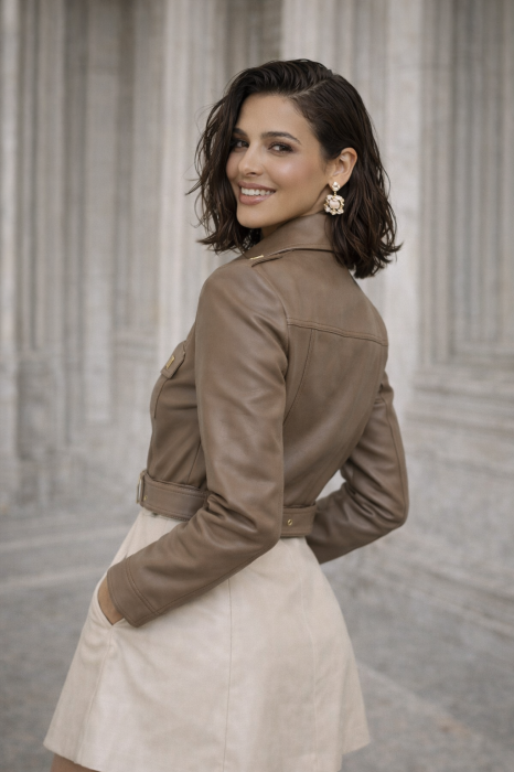 Geacă dama maro din piele ecologică cu buzunare aplicate si detalii decorative [4]