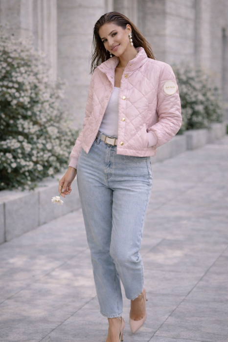 Geaca dama roz matlasata cu manseta la maneca si elastic in talie [4]