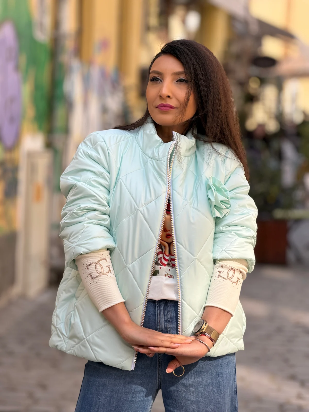 Geaca dama verde menta cu mansete si trandafir aplicat [2]