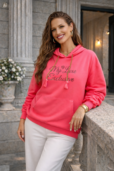 Hanorac dama roz neon cu snur auriu [3]