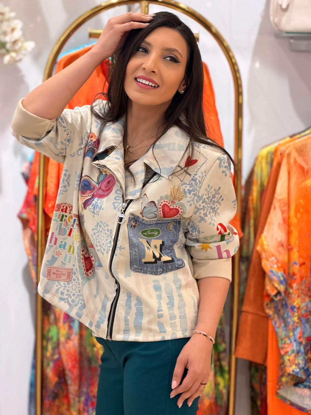 Jacheta dama bej cu fermoar lateral si imprimeu Frida Khalo [6]