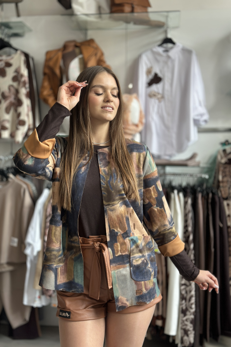 Jacheta dama bleumarin din catifea cu imprimeu abstract [2]