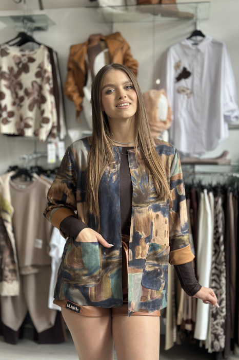 Jacheta dama bleumarin din catifea cu imprimeu abstract