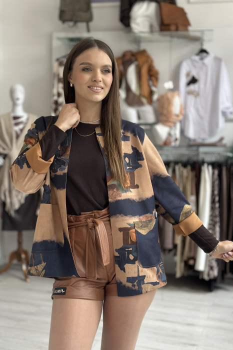 Jacheta dama bleumarin din catifea cu imprimeu oras [2]