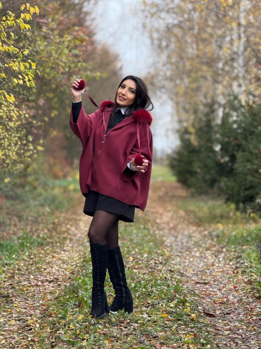 Jacheta dama bordo cu blana la gluga [6]