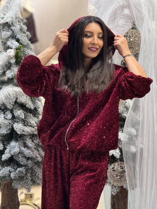 Jacheta dama bordo cu gluga si fermoar