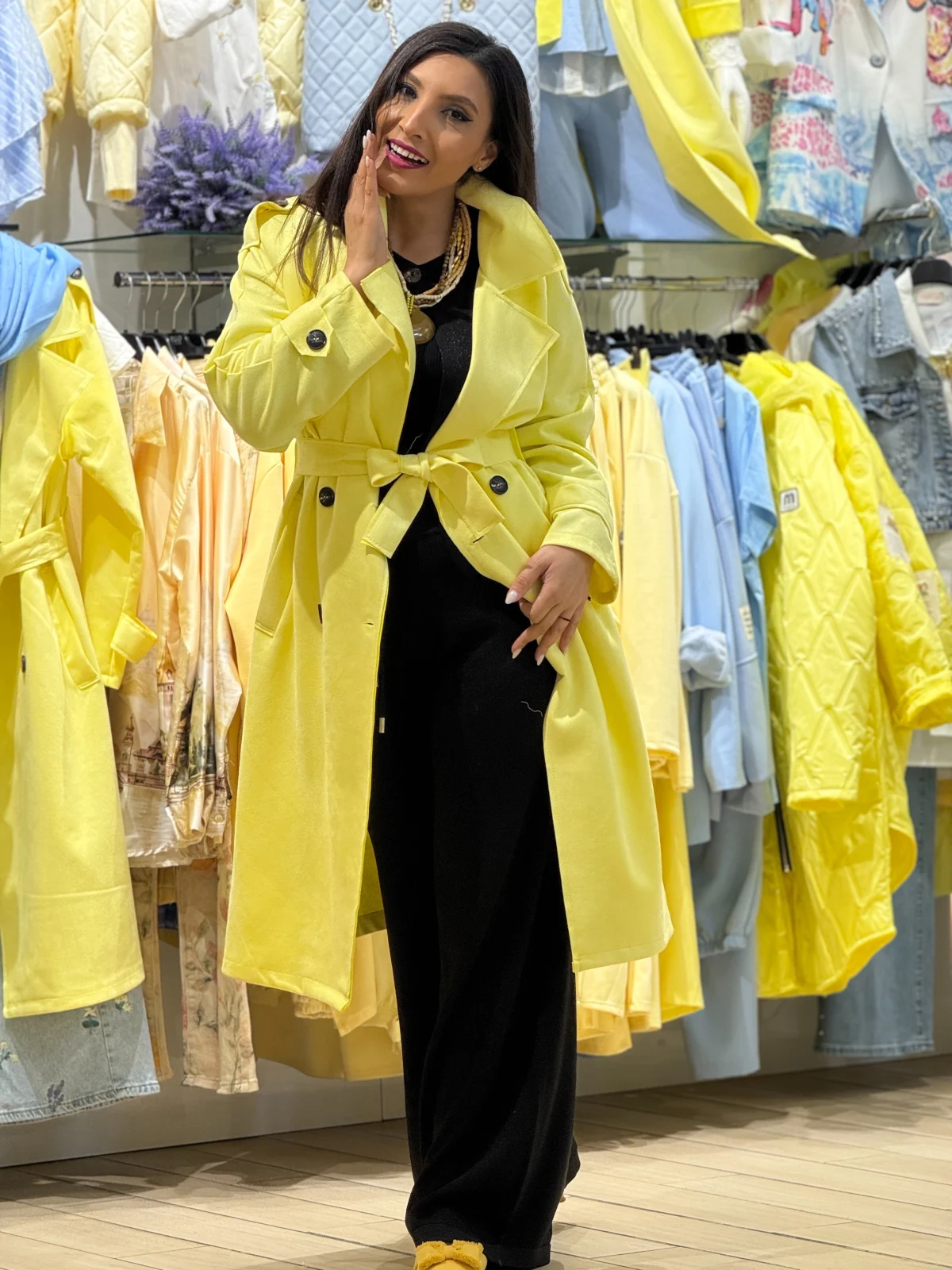 Jacheta dama galben pastel din piele intoarsa cu cordon in talie [6]