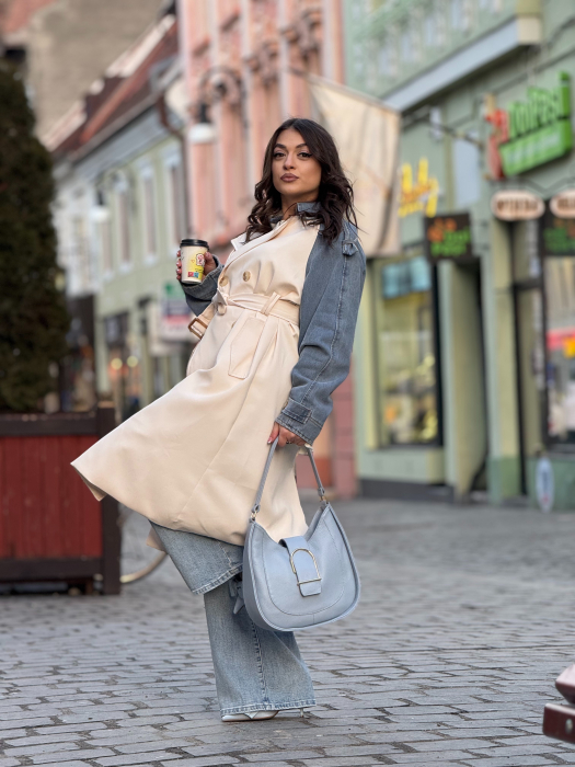 Jacheta dama lunga bej cu insertie din denim [2]