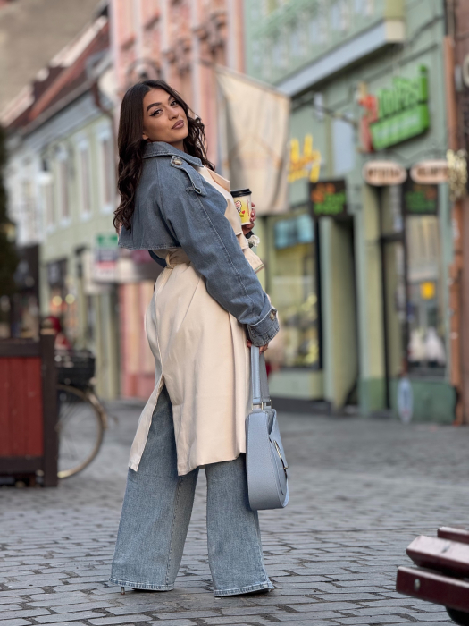 Jacheta dama lunga bej cu insertie din denim [3]