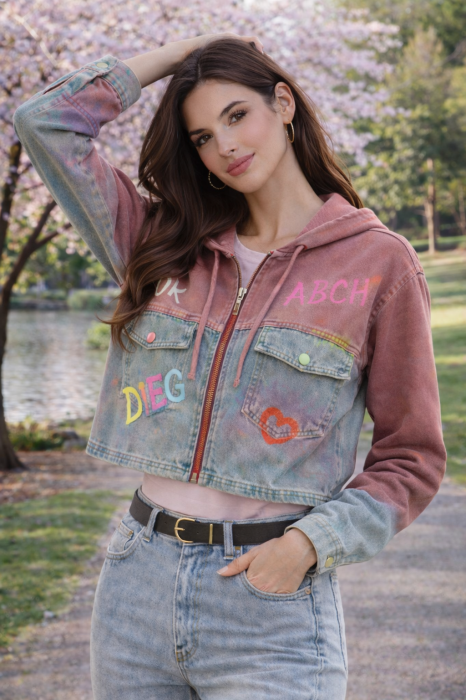 Jacheta dama roz din denim cu buzunare aplicate si gluga [4]
