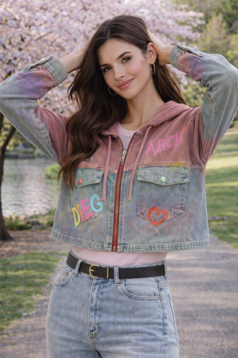 Jacheta dama roz din denim cu buzunare aplicate si gluga [3]