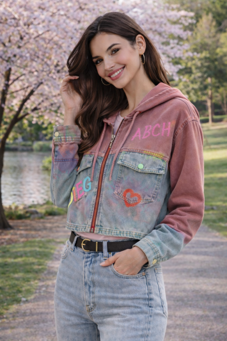 Jacheta dama roz din denim cu buzunare aplicate si gluga [2]