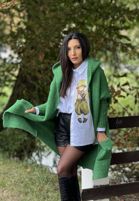 Jacheta dama verde cu imprimeu ursulet pe spate [4]