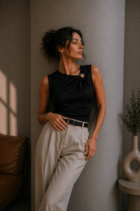 Maieu dama negru cu detaliu auriu minimalist [3]