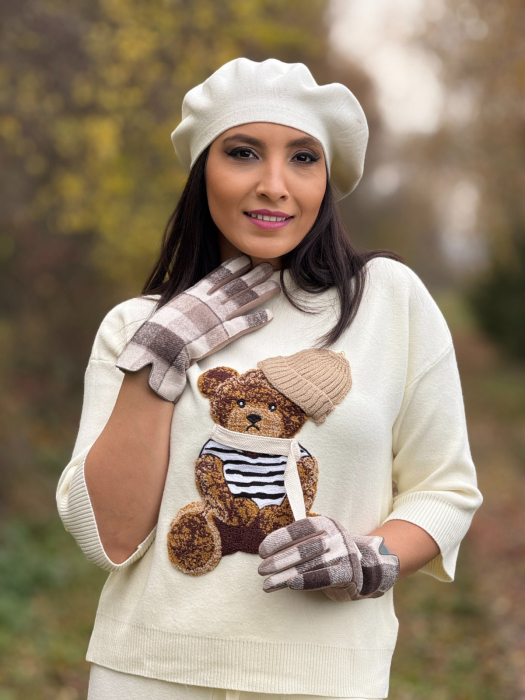 Manusi dama crem cu carouri si insertie tactila pentru ecrane [1]