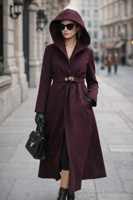 Palton dama bordo cu gluga