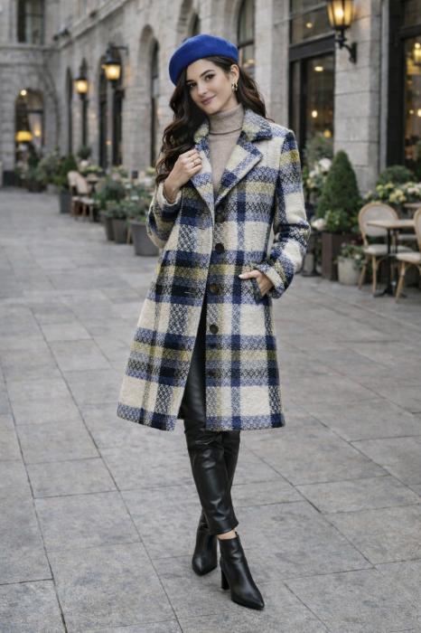 Palton dama elegant in carouri, cu nasturi si buzunare laterale [4]