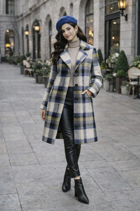 Palton dama elegant in carouri, cu nasturi si buzunare laterale [2]