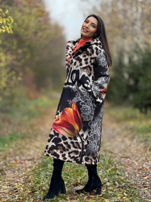 Palton dama lung negru cu imprimeu leopard si detalii florale [2]