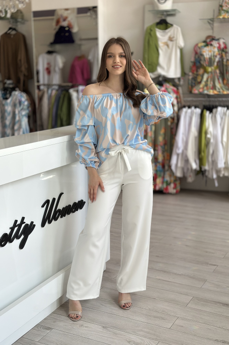 Pantaloni albi largi cu cordon