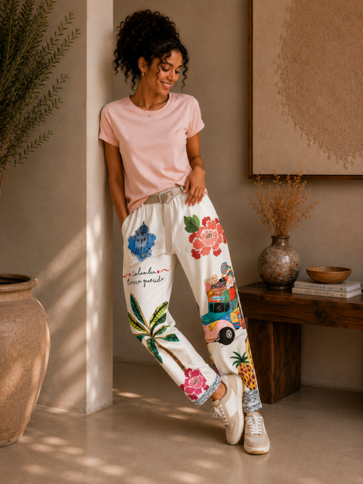 Pantaloni dama albi cu imprimeu viu colorat [3]