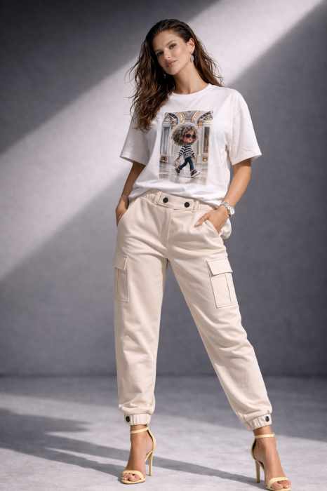 Pantaloni dama bej cu buzunare laterale aplicate [2]