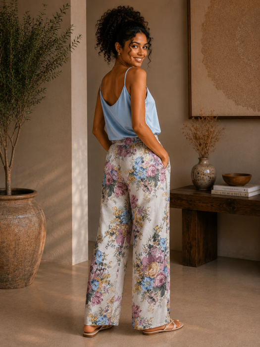 Pantaloni dama bej cu imprimeu floral [3]