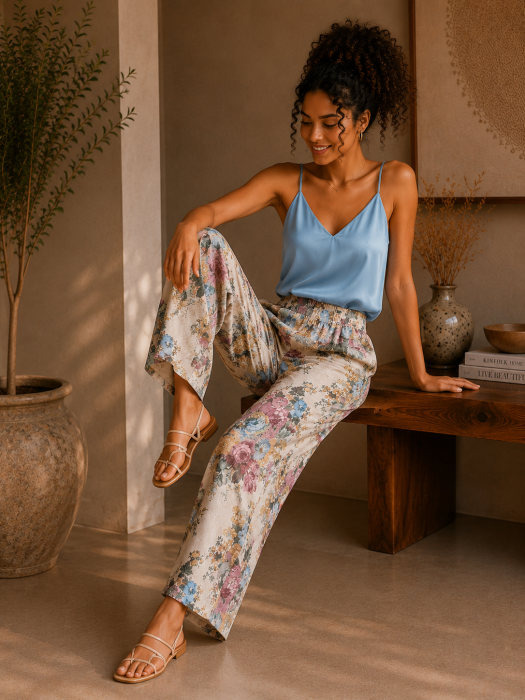Pantaloni dama bej cu imprimeu floral [4]