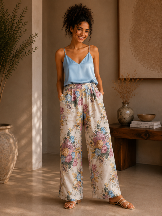 Pantaloni dama bej cu imprimeu floral [2]