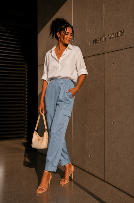 Pantaloni dama bleu cu buzunare laterale aplicate [2]