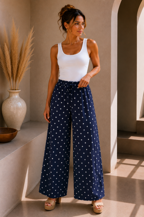 Pantaloni dama bleumarin cu buline albe din vascoza [2]