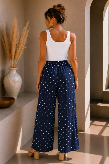 Pantaloni dama bleumarin cu buline albe din vascoza [4]