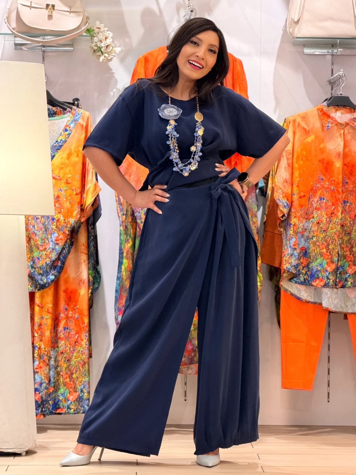 Pantaloni dama bleumarin cu funda in talie [5]