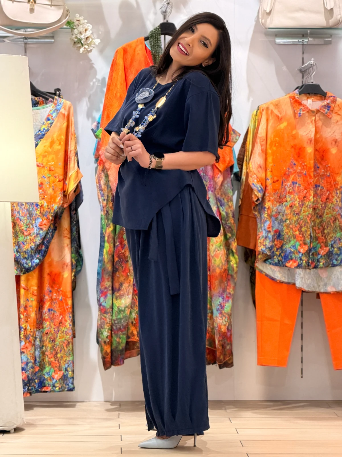 Pantaloni dama bleumarin cu funda in talie [3]