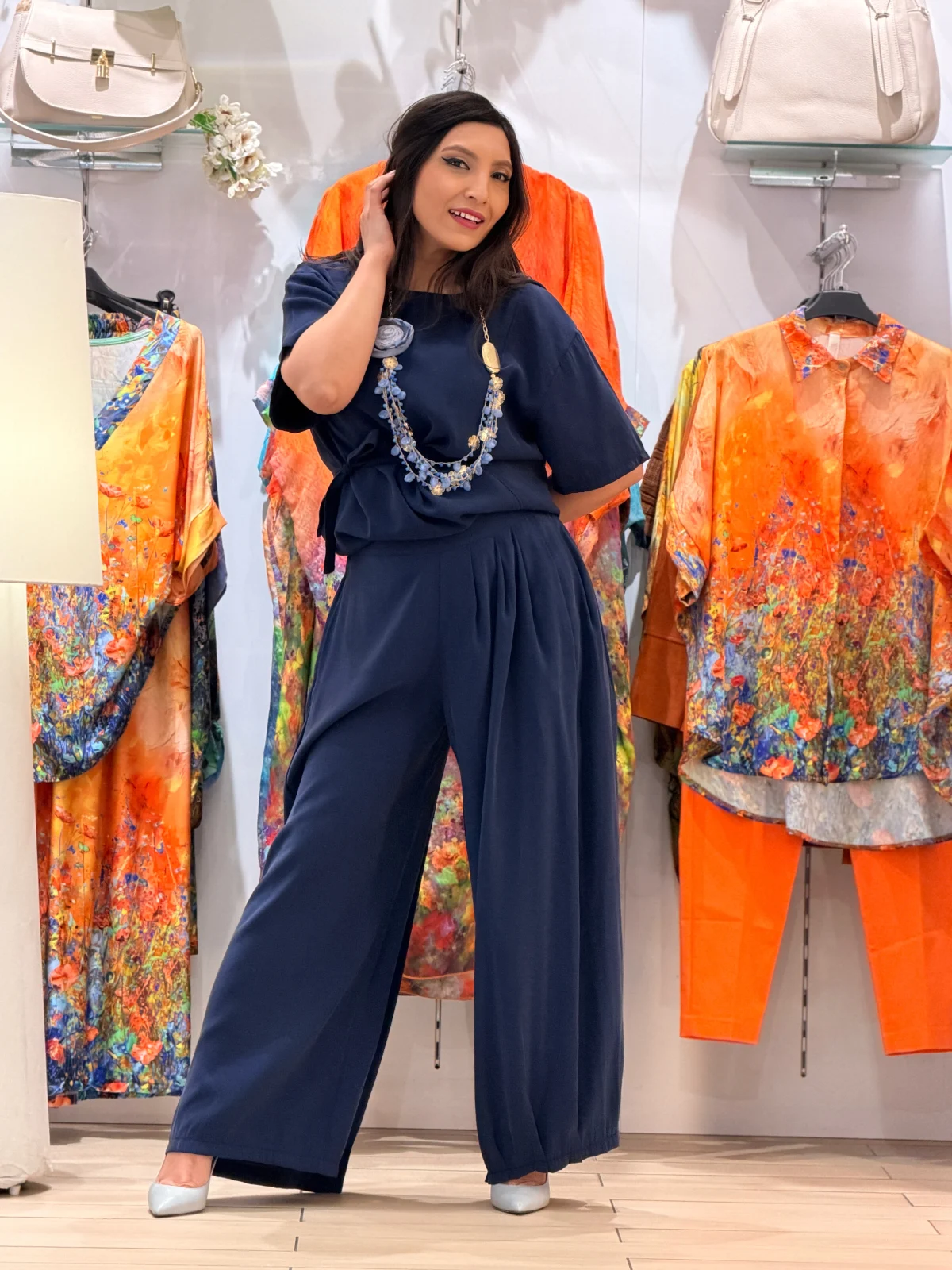 Pantaloni dama bleumarin cu funda in talie [8]