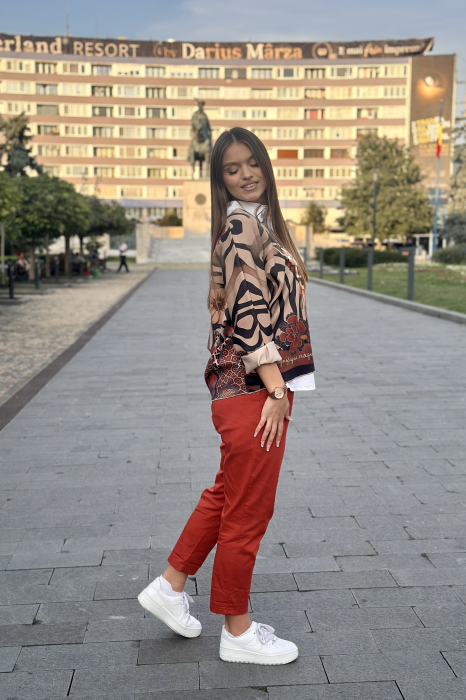 Pantaloni dama caramizi din bumbac cu curea maro [3]