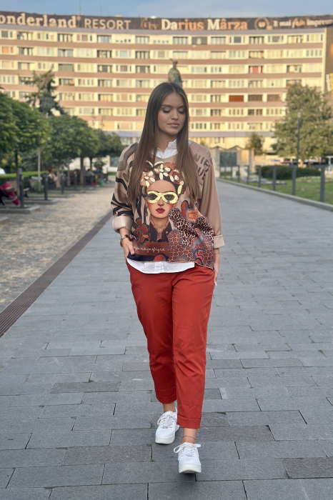Pantaloni dama caramizi din bumbac cu curea maro [2]