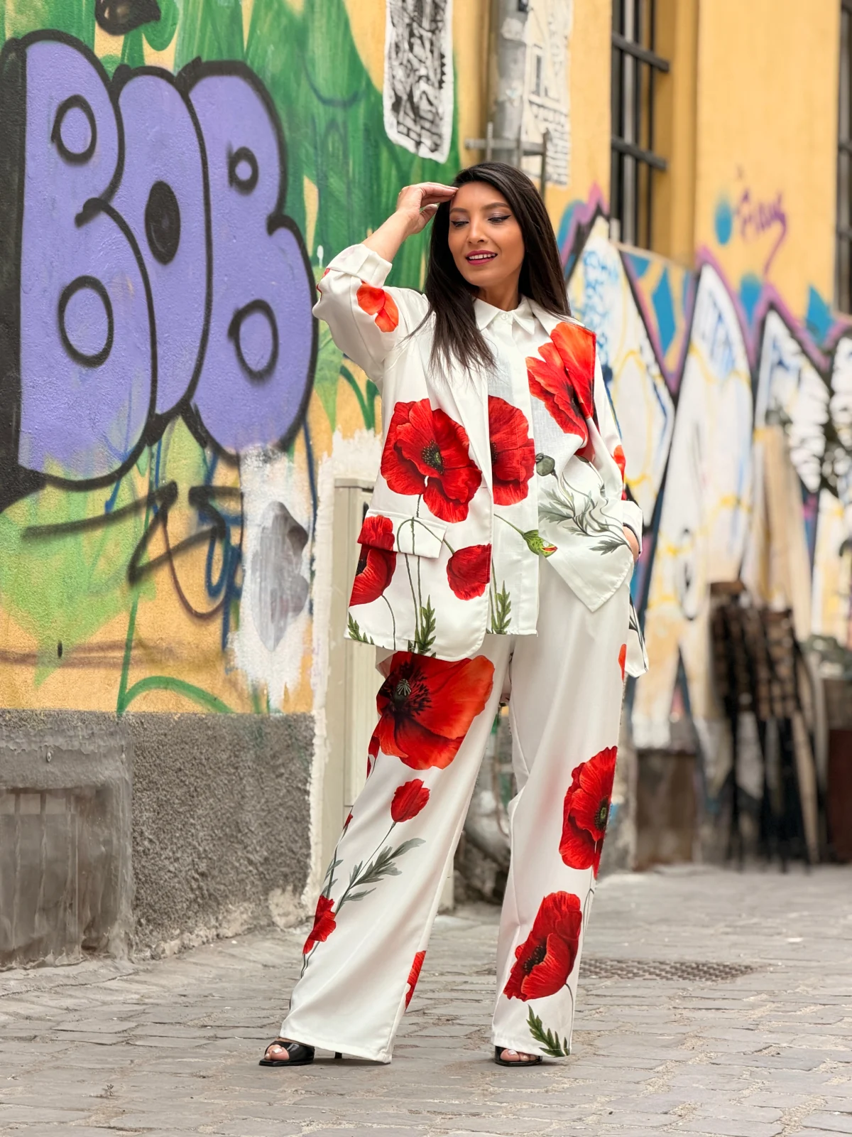 Pantaloni dama din in cu imprimeu maci [2]