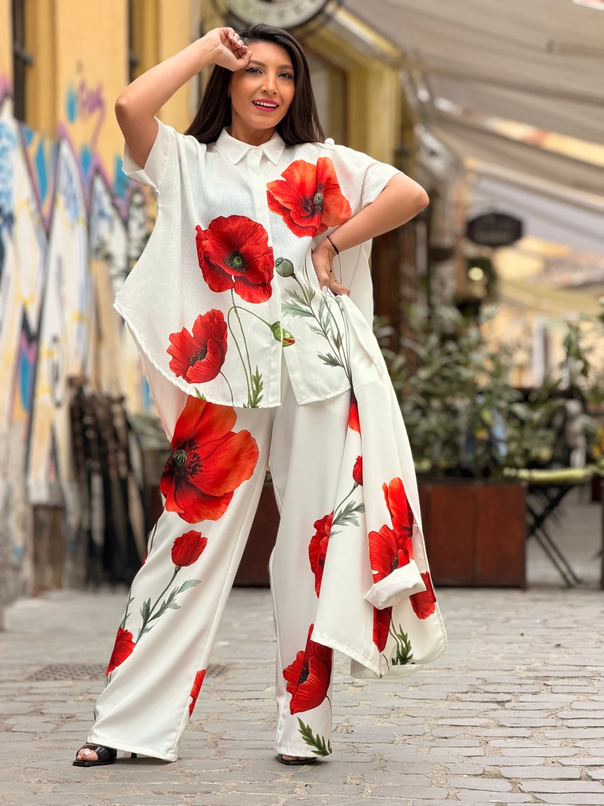 Pantaloni dama din in cu imprimeu maci [4]